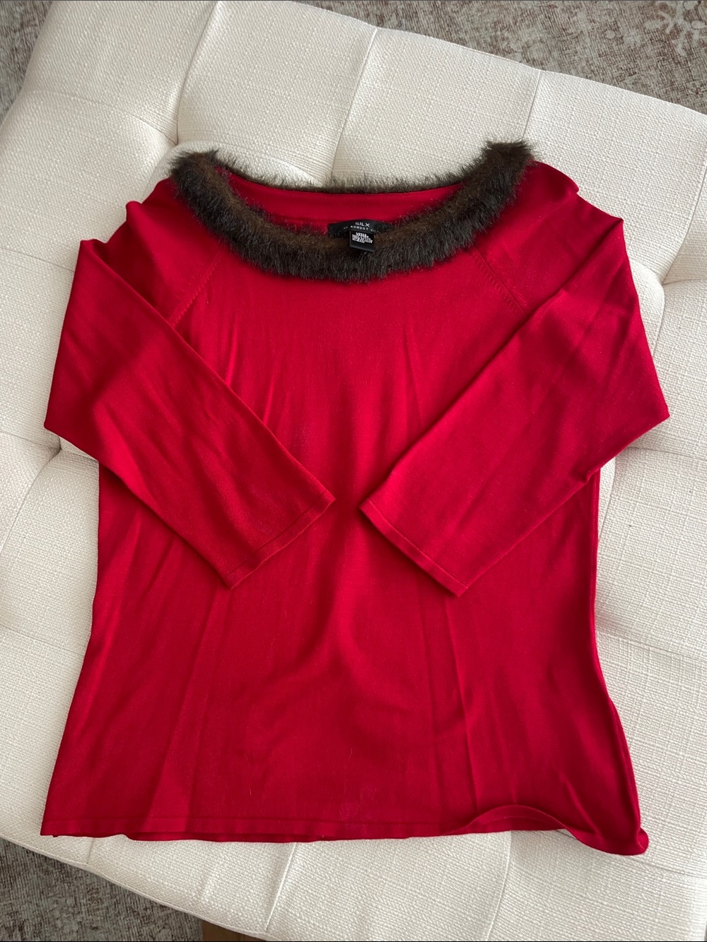 august silk Red Top with Faux Brown Fur Trim